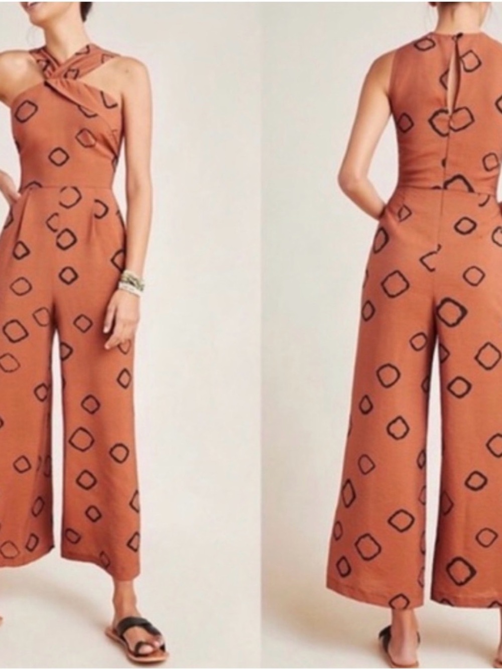 Eva Franco Rust Halter Wide-Leg Jumpsuit with Black Geometric Print